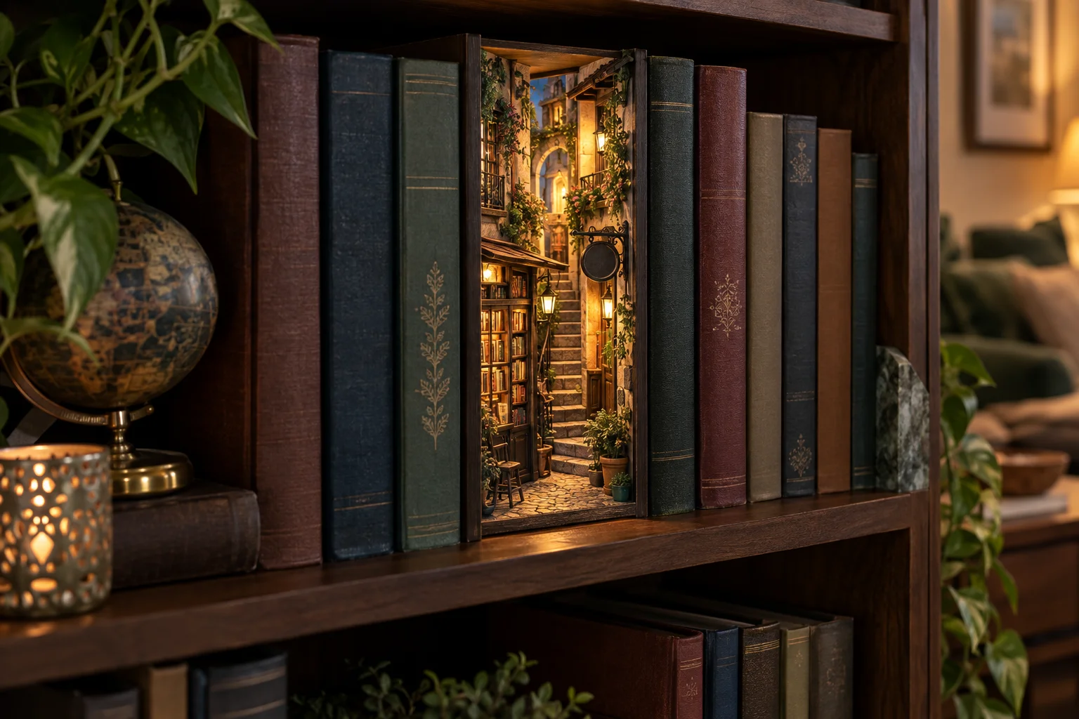 Ruelle miniature éclairée installée entre des livres sur une étagère en bois