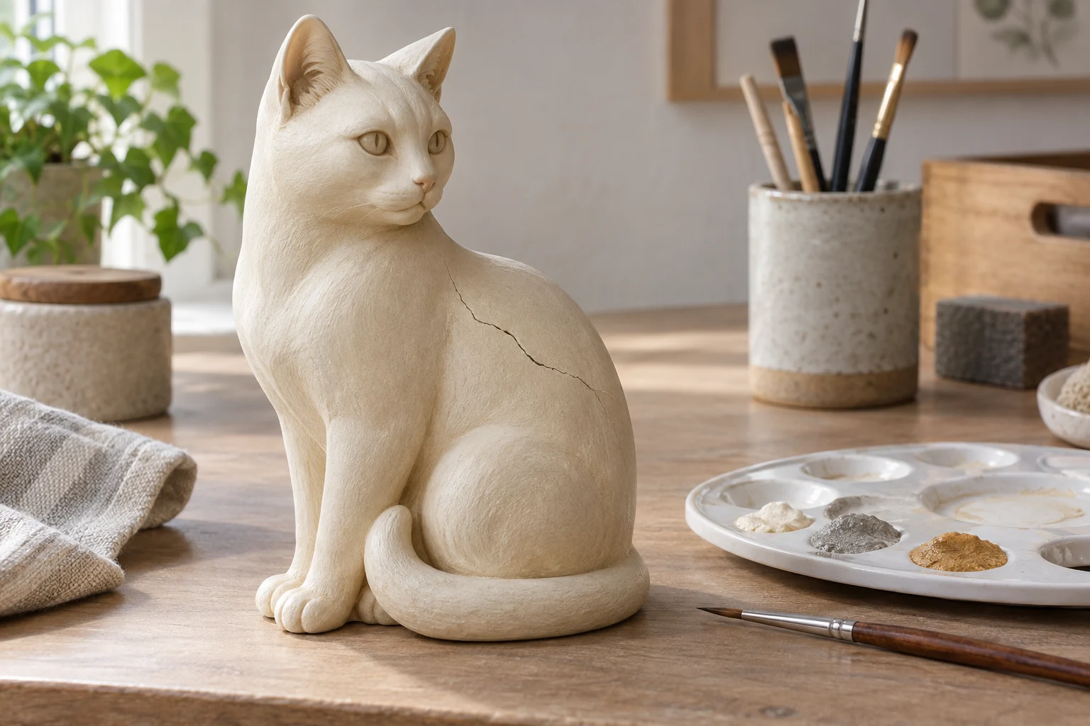 Statuette de chat ivoire présentant une fissure sur le flanc, près de pinceaux et de couleurs.