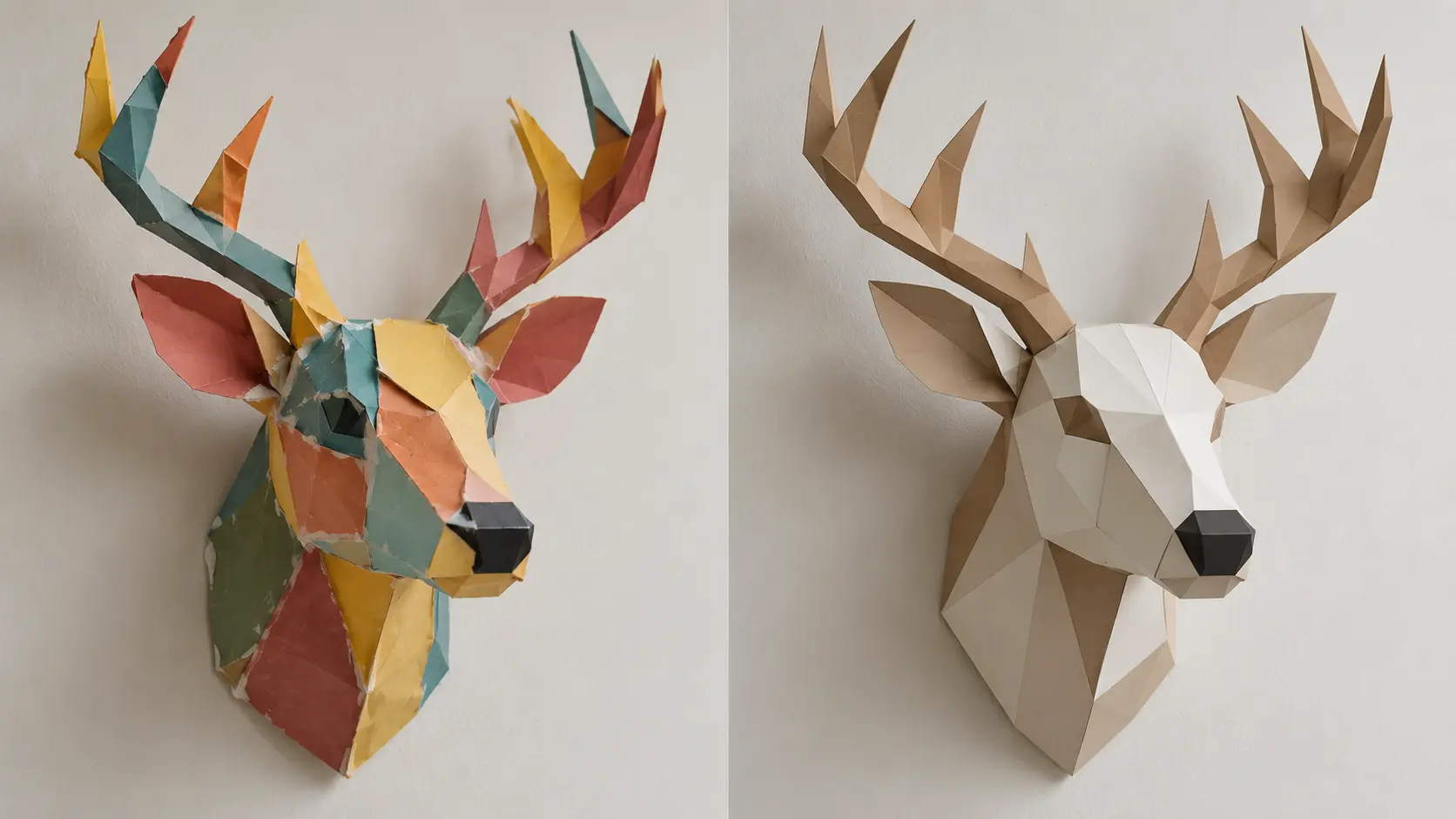 Comparaison entre un trophée animal en papier au rendu bricolage et une version aux plis nets et à la palette sobre