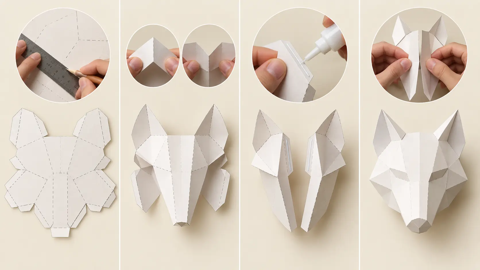 Quatre étapes pour rainer, plier, encoller et fermer proprement un trophée animal en papier